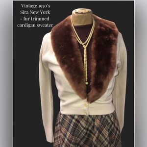 Vintage 1940’s 1950’s -cream cardigan with brown faux fur collar- Sira New York